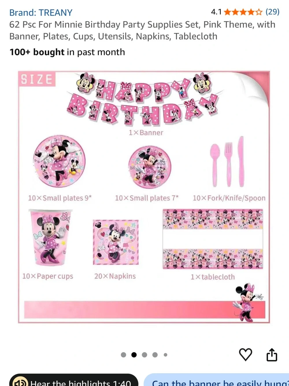 Minnie Mouse Pink Birthday Party Supplies Set - 62-Piece